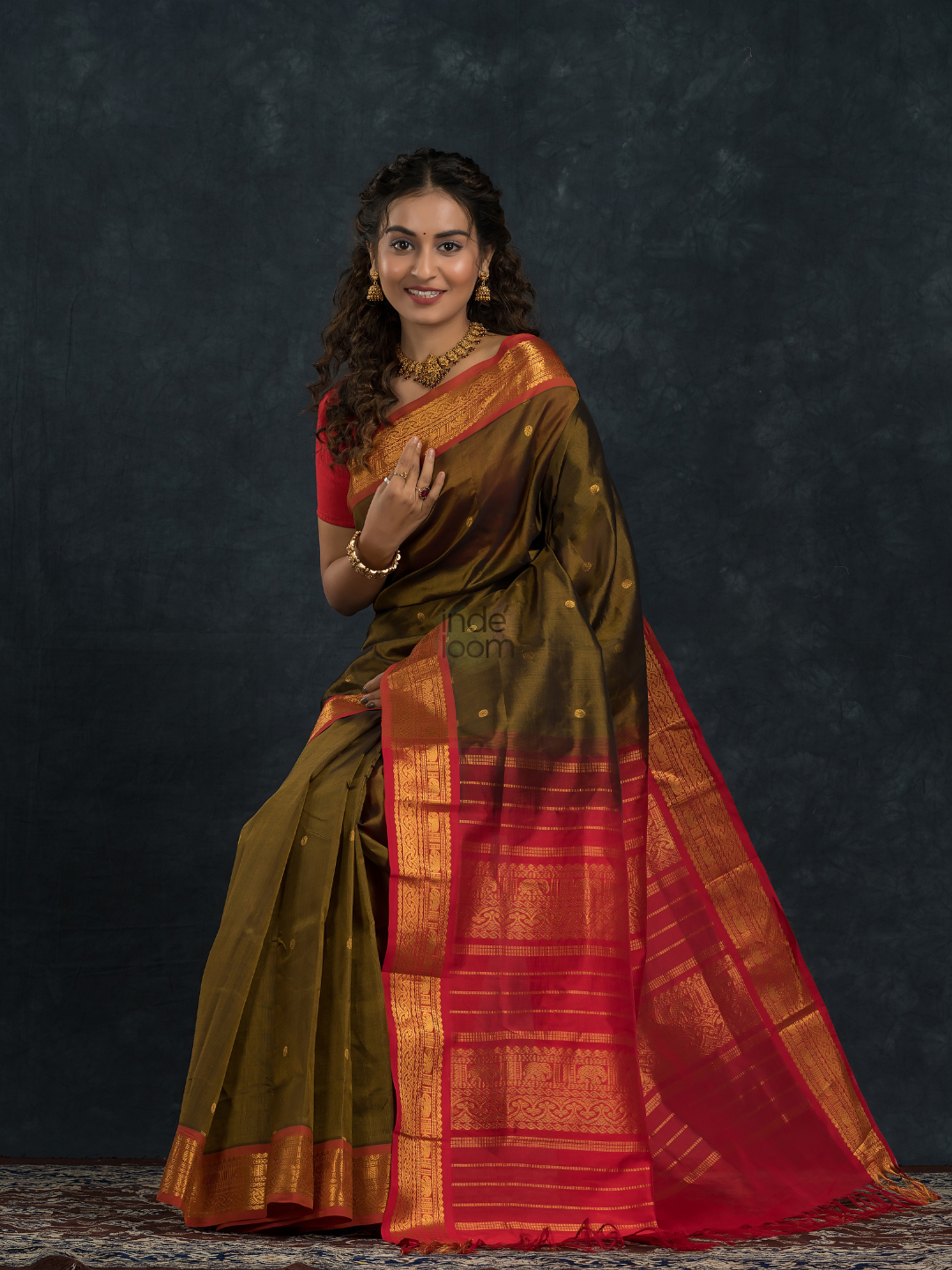 Korvai Saree with small buttas Forest Green And Golden Red Border - 157