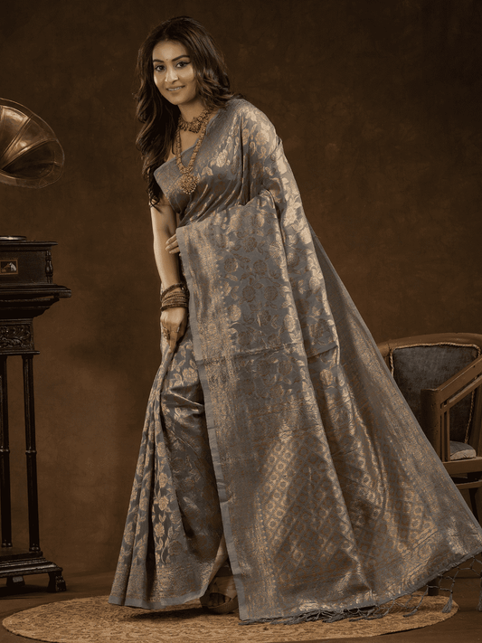 Chanderi Silk Floral Saree in Grey (Precision Looms) -014