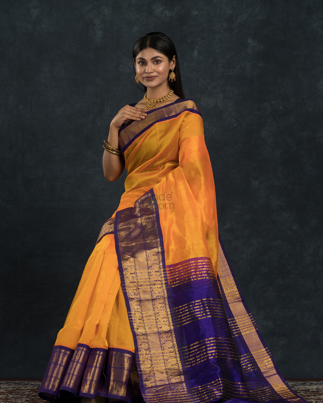 Korvai Saree Golden Yellow With Golden Purple Border - 050