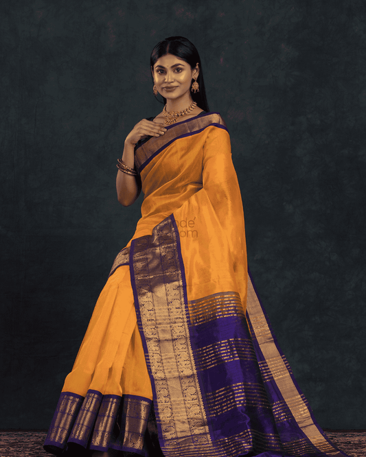 Pure handloom Korvai Silk Cotton Saree in Golden Yellow and Golden Purple Border - 050