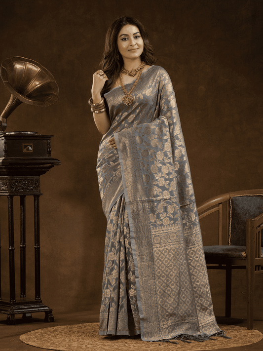 Chanderi Silk Floral Saree in Grey (Precision Looms) -014