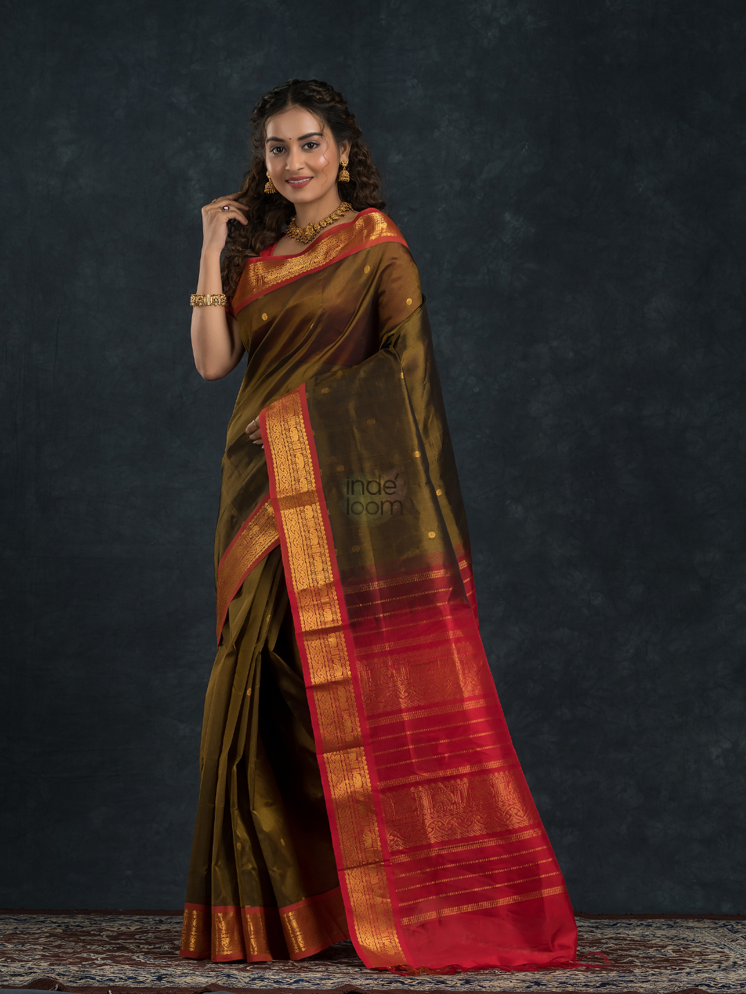 Korvai Saree with small buttas Forest Green And Golden Red Border - 157