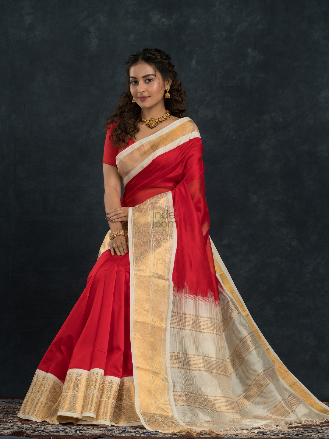 Korvai Saree in Hot Red and Ivory White Border - 001