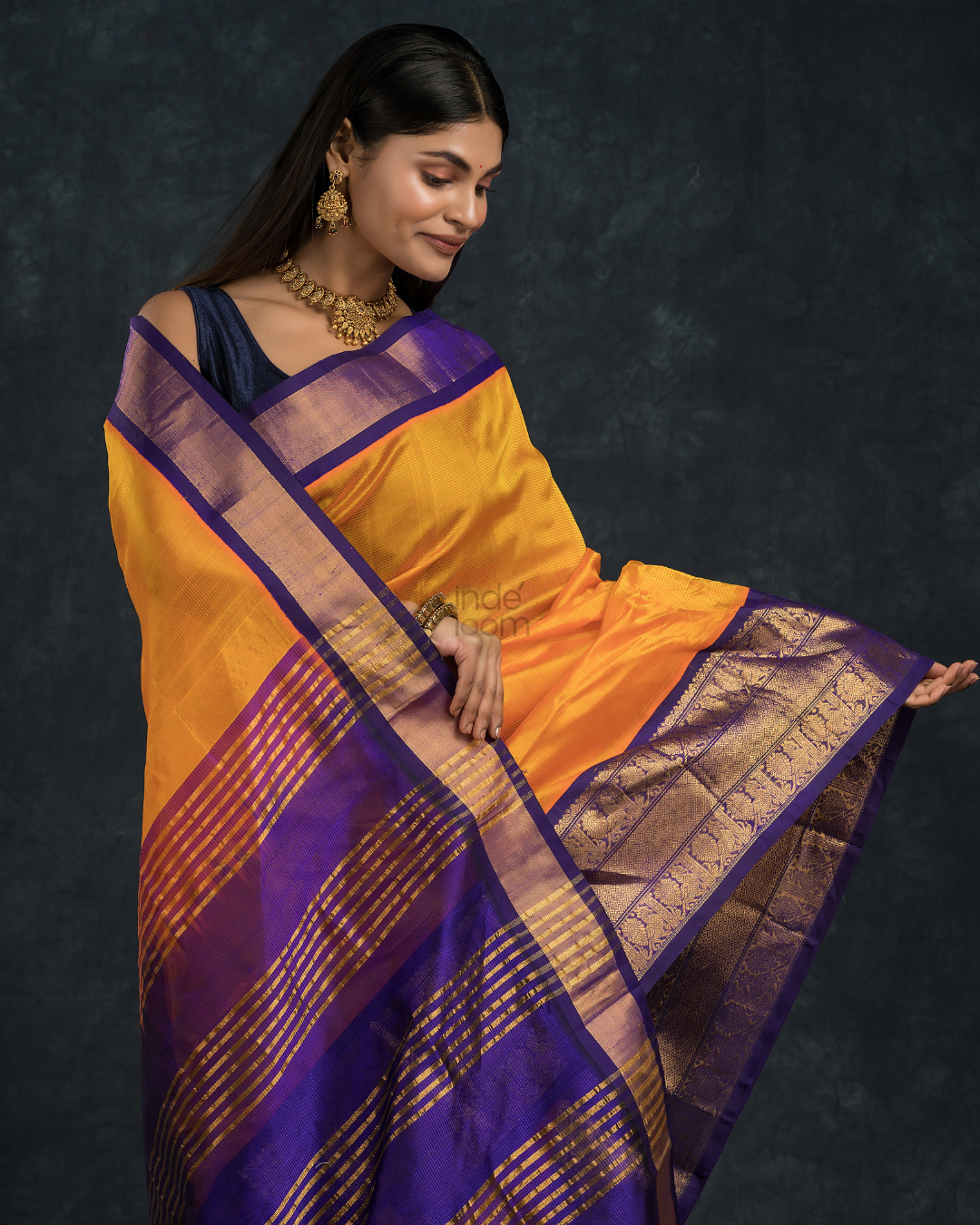 Korvai Saree Golden Yellow With Golden Purple Border - 050