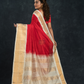 Korvai Saree in Hot Red and Ivory White Border - 001