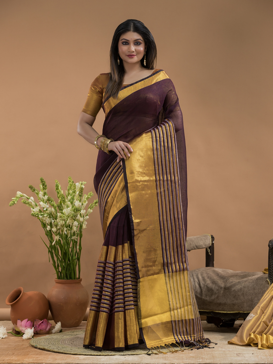 Coffee Brown Tissue Silk Saree-030