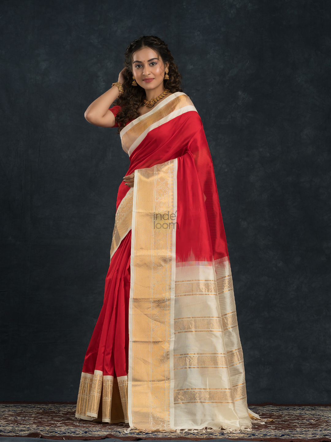 Korvai Saree in Hot Red and Ivory White Border - 001