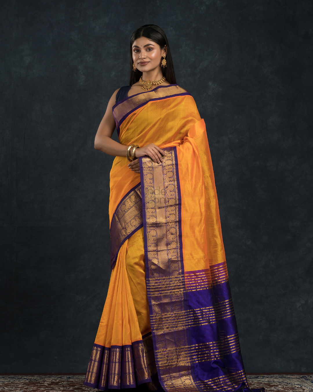 Korvai Saree Golden Yellow With Golden Purple Border - 050