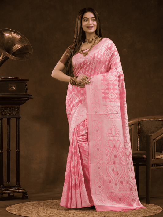 Chanderi Silk Floral Saree In Baby Pink (Precision Looms) - 004