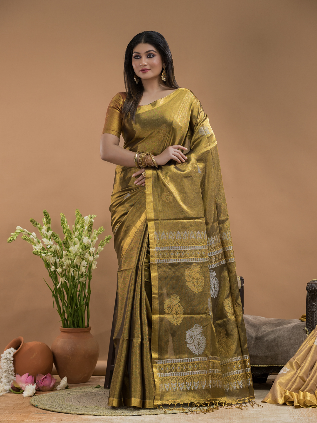 Army Green Tissue Silk Saree-028