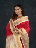 Korvai Saree in Hot Red and Ivory White Border - 001