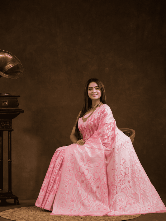 Chanderi Silk Floral Saree In Baby Pink (Precision Looms) - 004