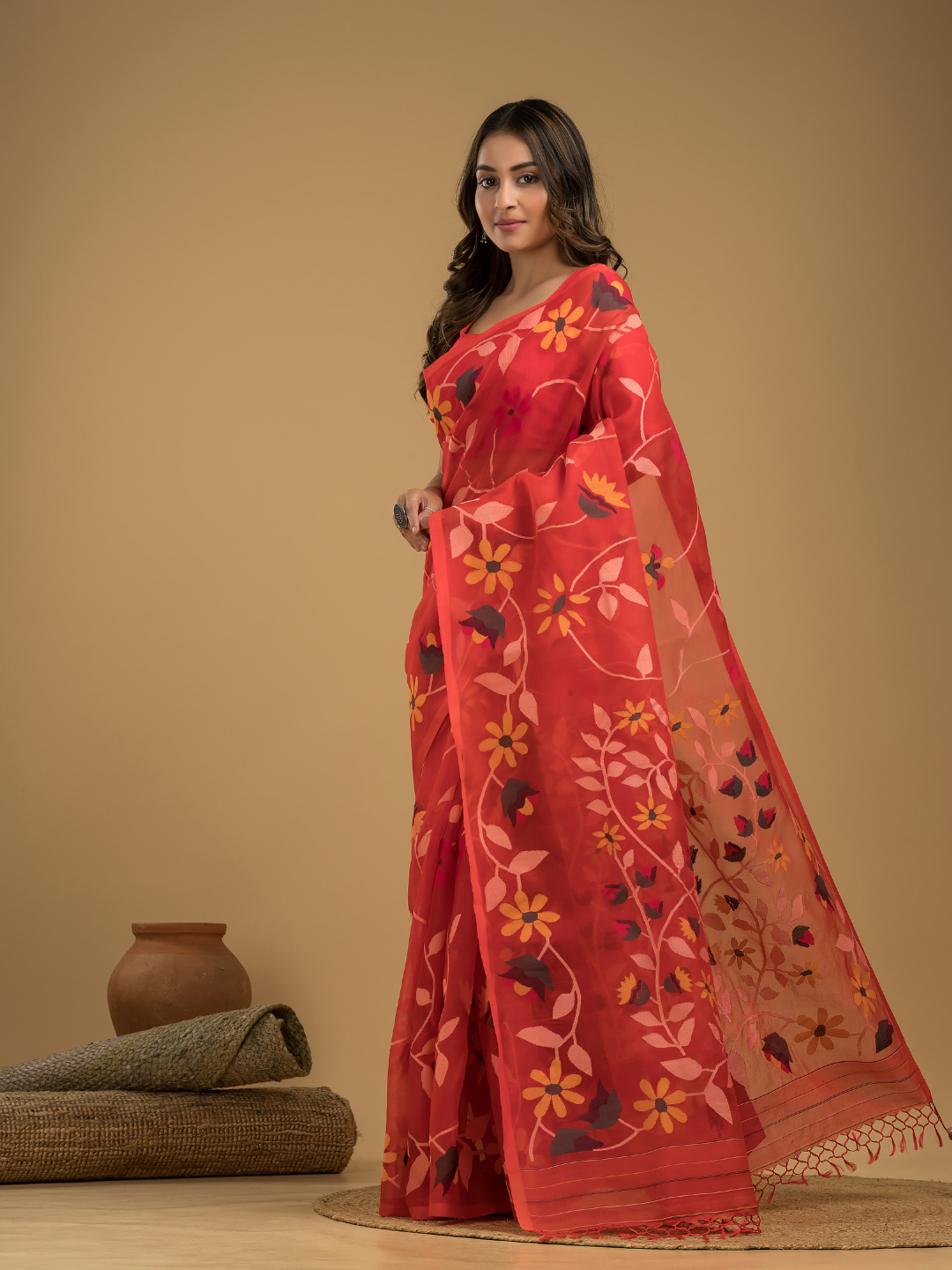 Jamdani Saree With Imperial Red - 024