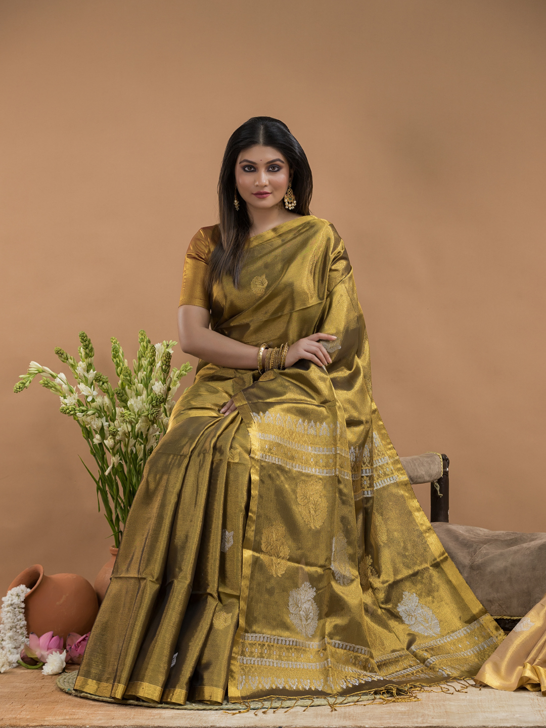 Army Green Tissue Silk Saree-028