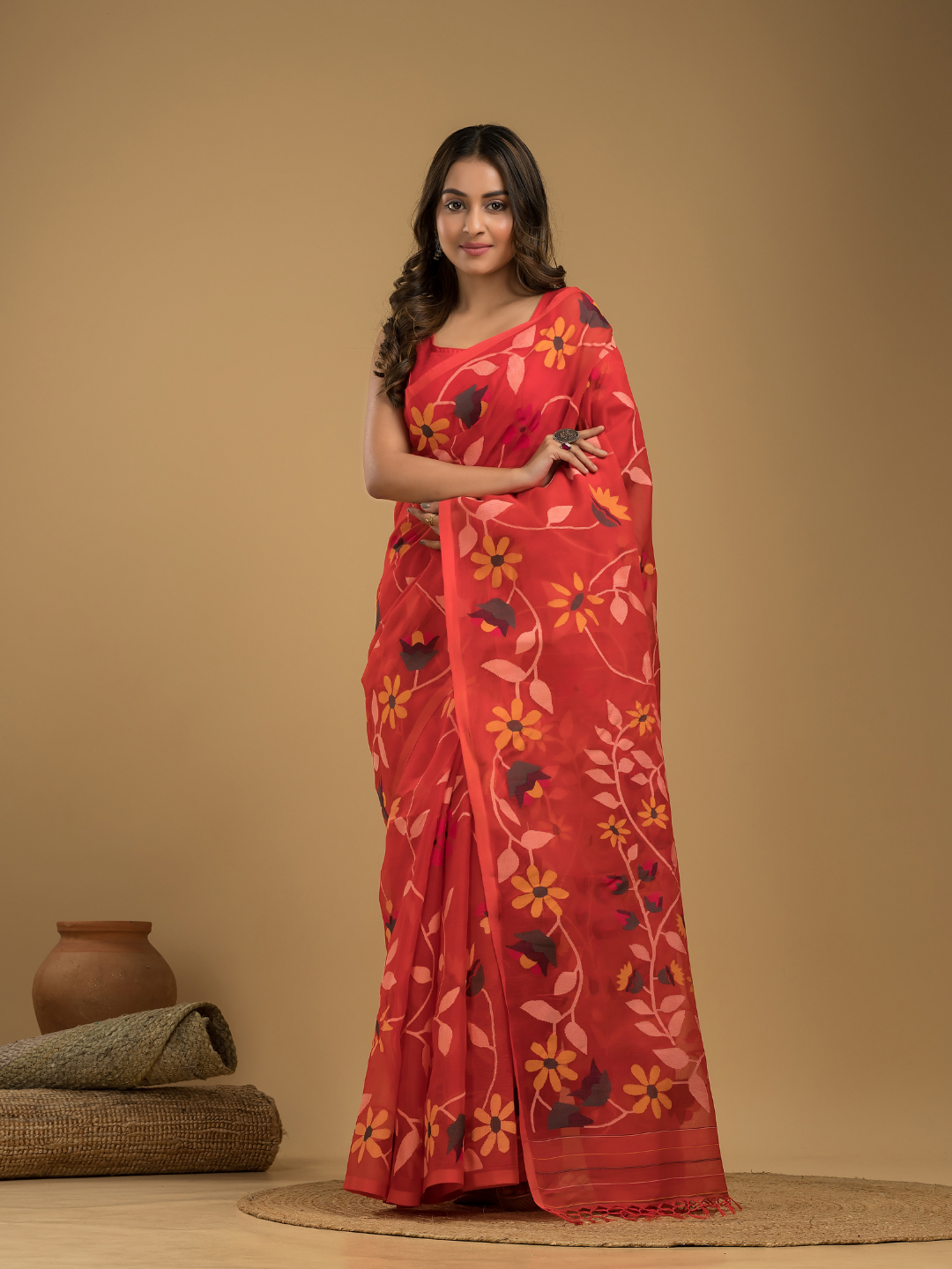 Jamdani Saree With Imperial Red - 024