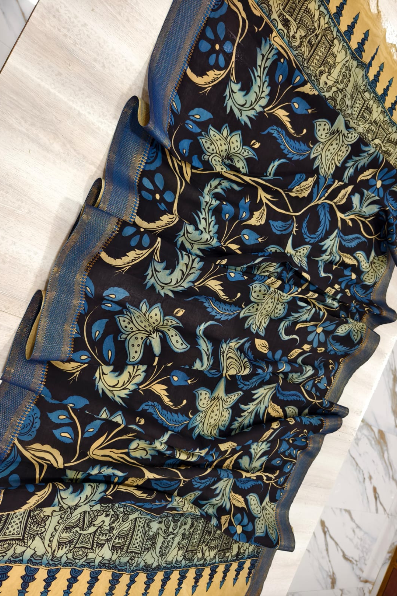 Navy Blue Design Bangalore silk Kalamkari Dupatta -014