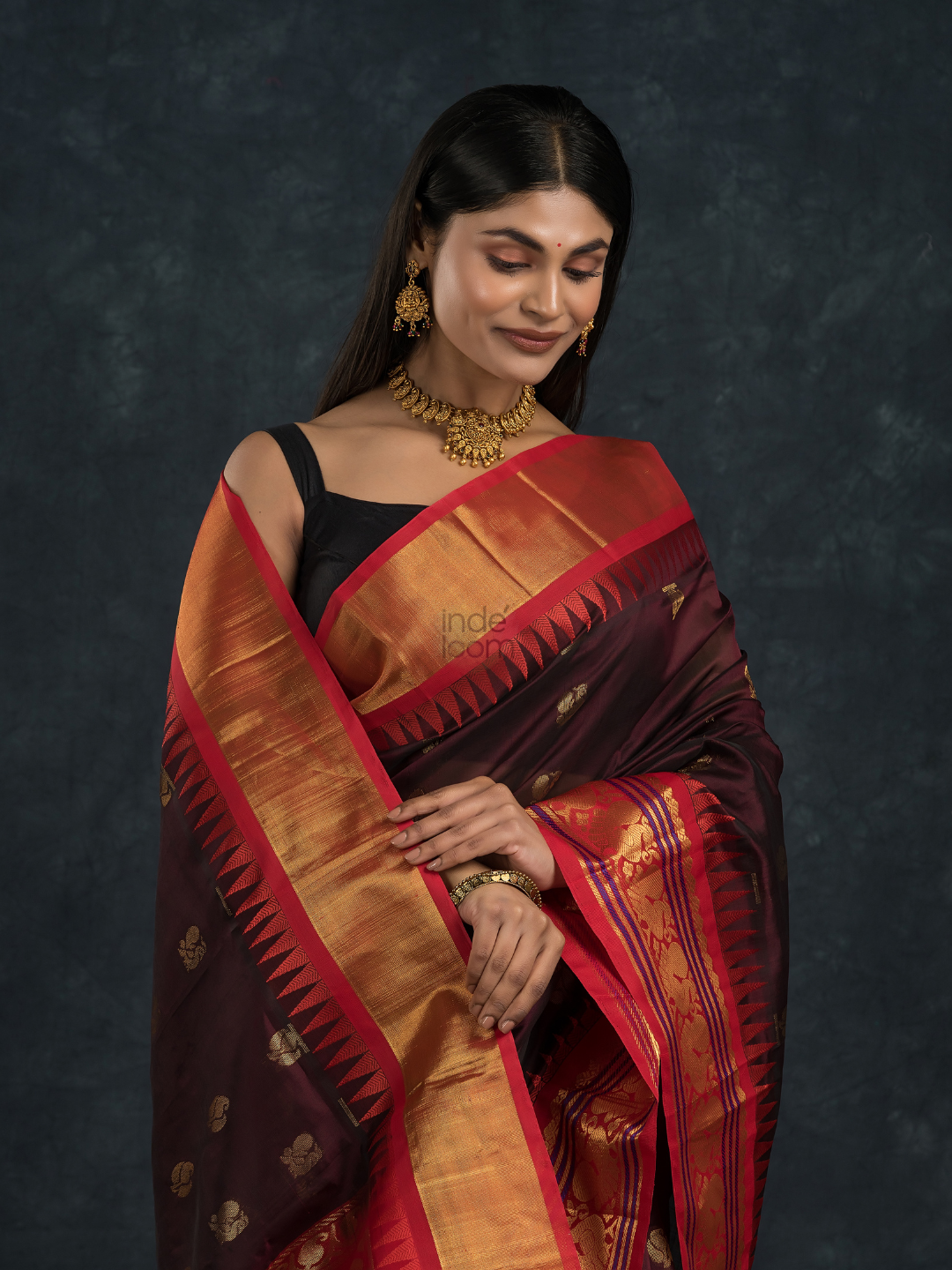 Ink Black and Red Border  Korvai Saree - 097