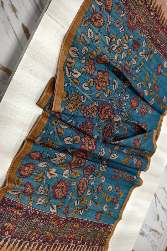 Spacer Blue  Design Tussar Silk Kalamkari Dupatta -029