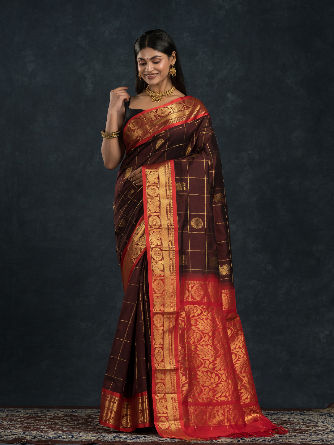 Korvai Saree With Dark Brown and Golden Red Border - 123