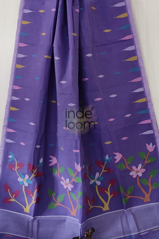 Floral Indigo Blue Bengal Pure Cotton Jamdani Saree-023