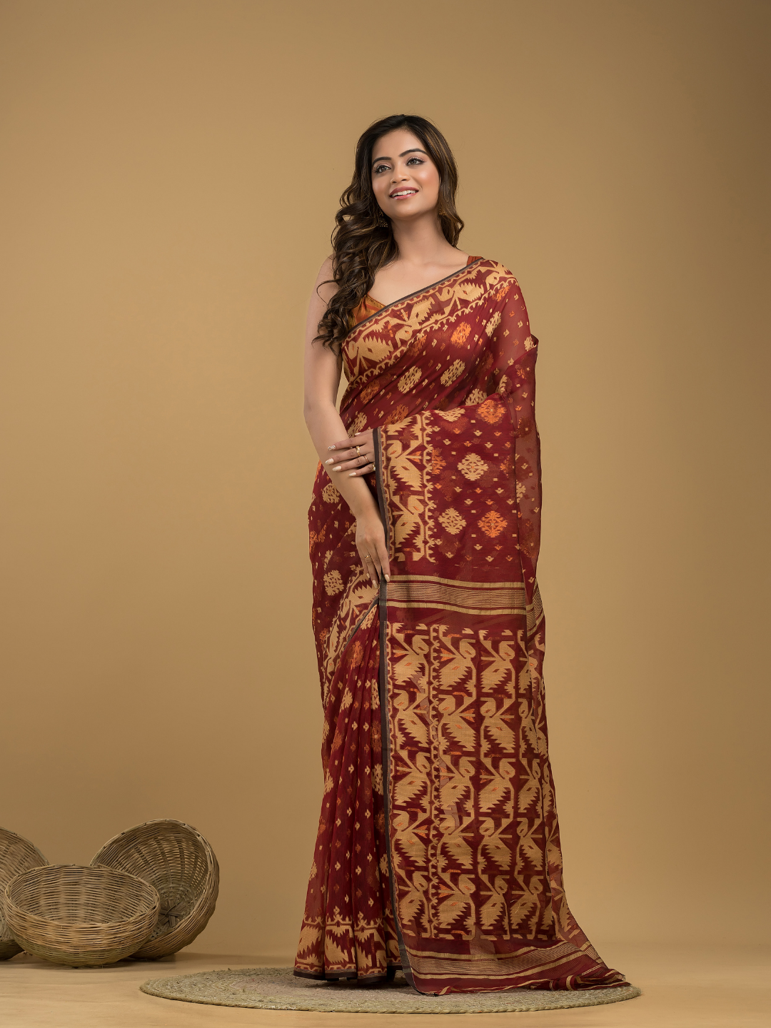 Umber Brown Cotton Silk Jamdani Saree - 022