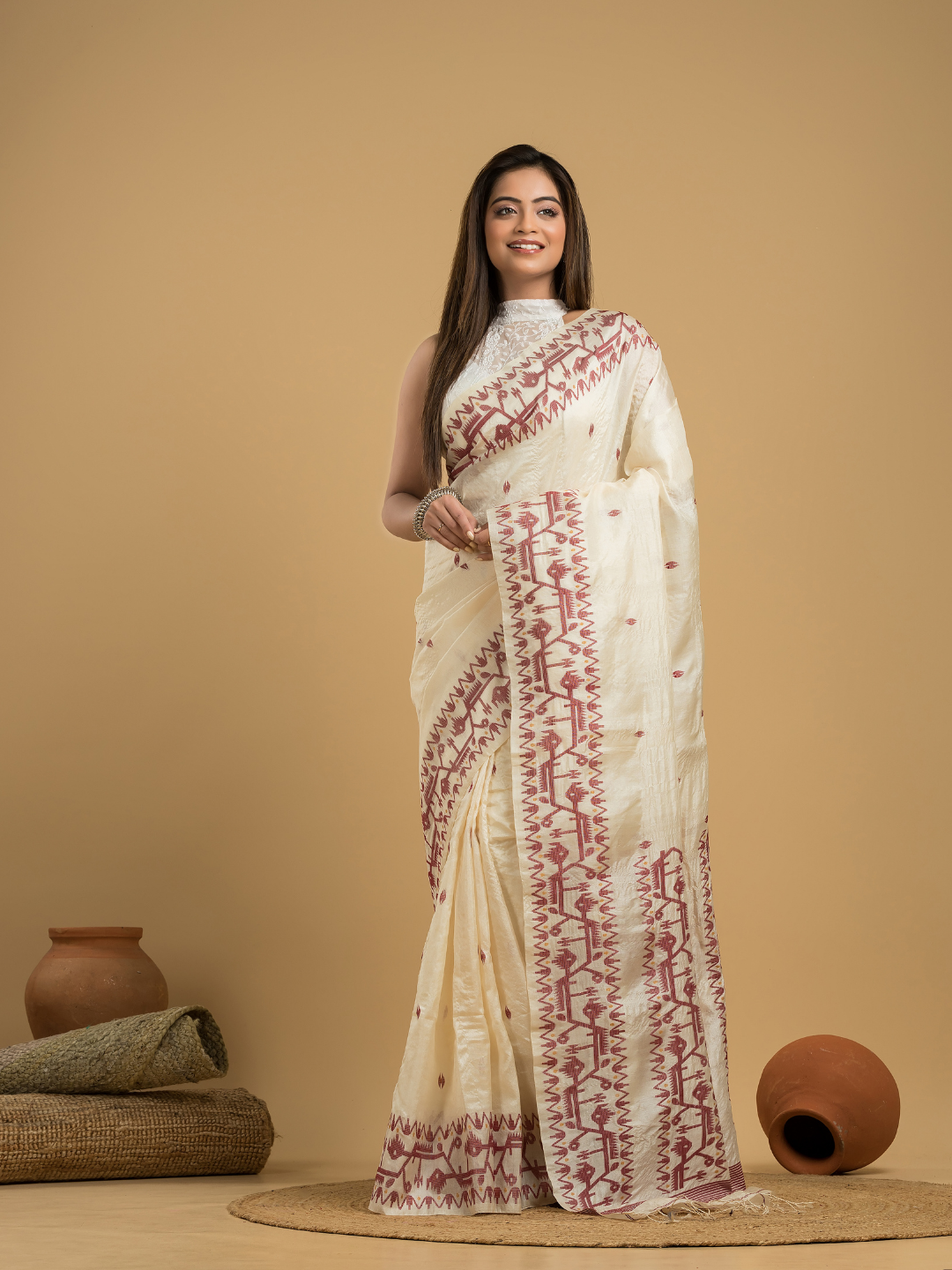 Linen White Tussar Silk Jamdani Saree - 044