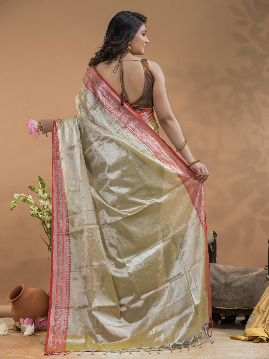 Tissue Silk Saree In Bone White -023