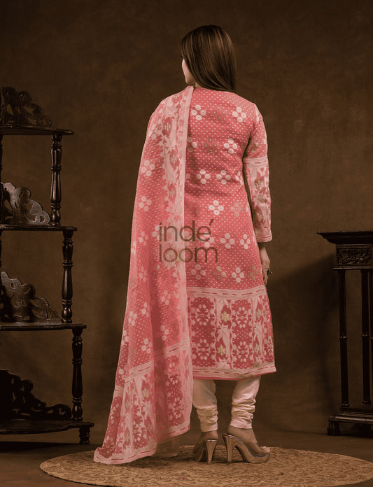 Coral Pink Cotton Silk Jamdani 2-Piece Set Kurti & Dupatta (UNSTITCHED) - 376