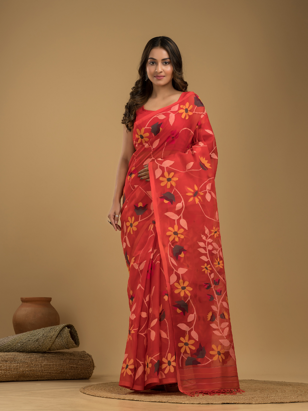 Jamdani Saree With Imperial Red - 024