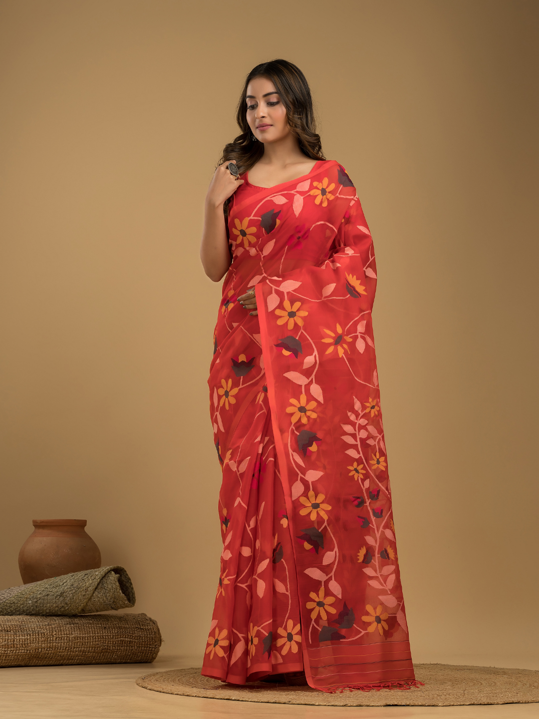 Jamdani Saree With Imperial Red - 024