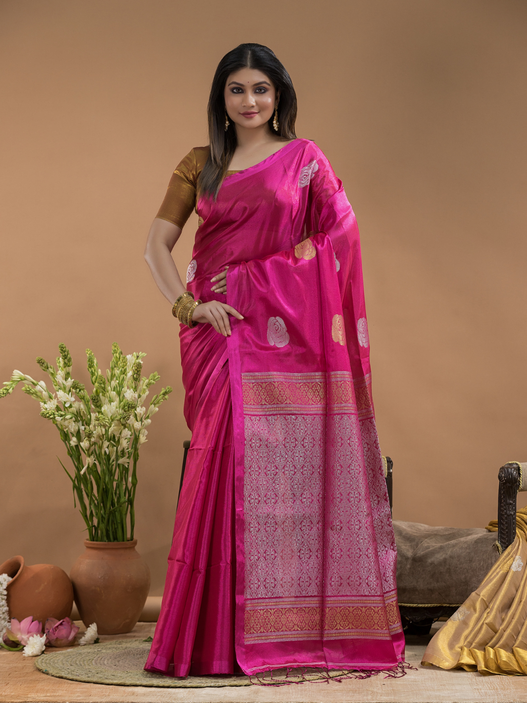 Hot Pink Tissue Silk Saree-028