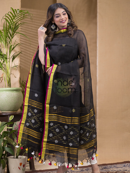 Rich Black Pure Linen Suit 2 Piece Set Kurti & Dupatta (UNSTITCHED) -618