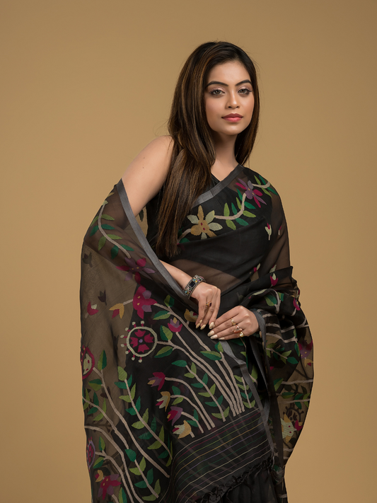 Muslin Jamdani Saree With True Black - 025