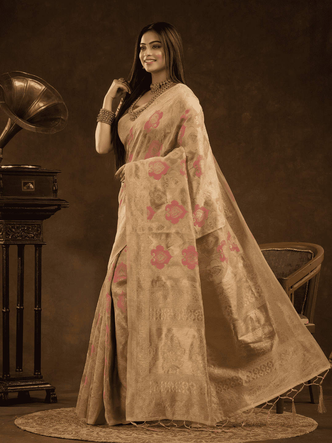 Chanderi Silk Ethnic Motifs Saree Pale Brown (Precision Looms) -013