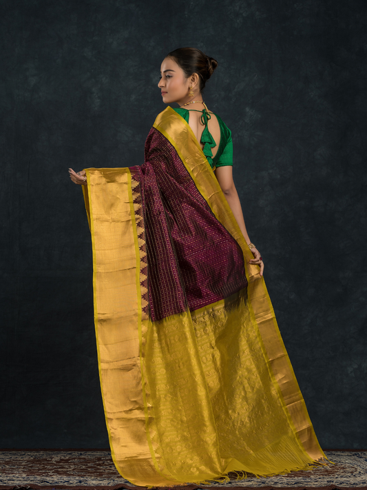 Korvai Saree Lakshadeepam with grand border - Wine Purple and Yellow Border - 152