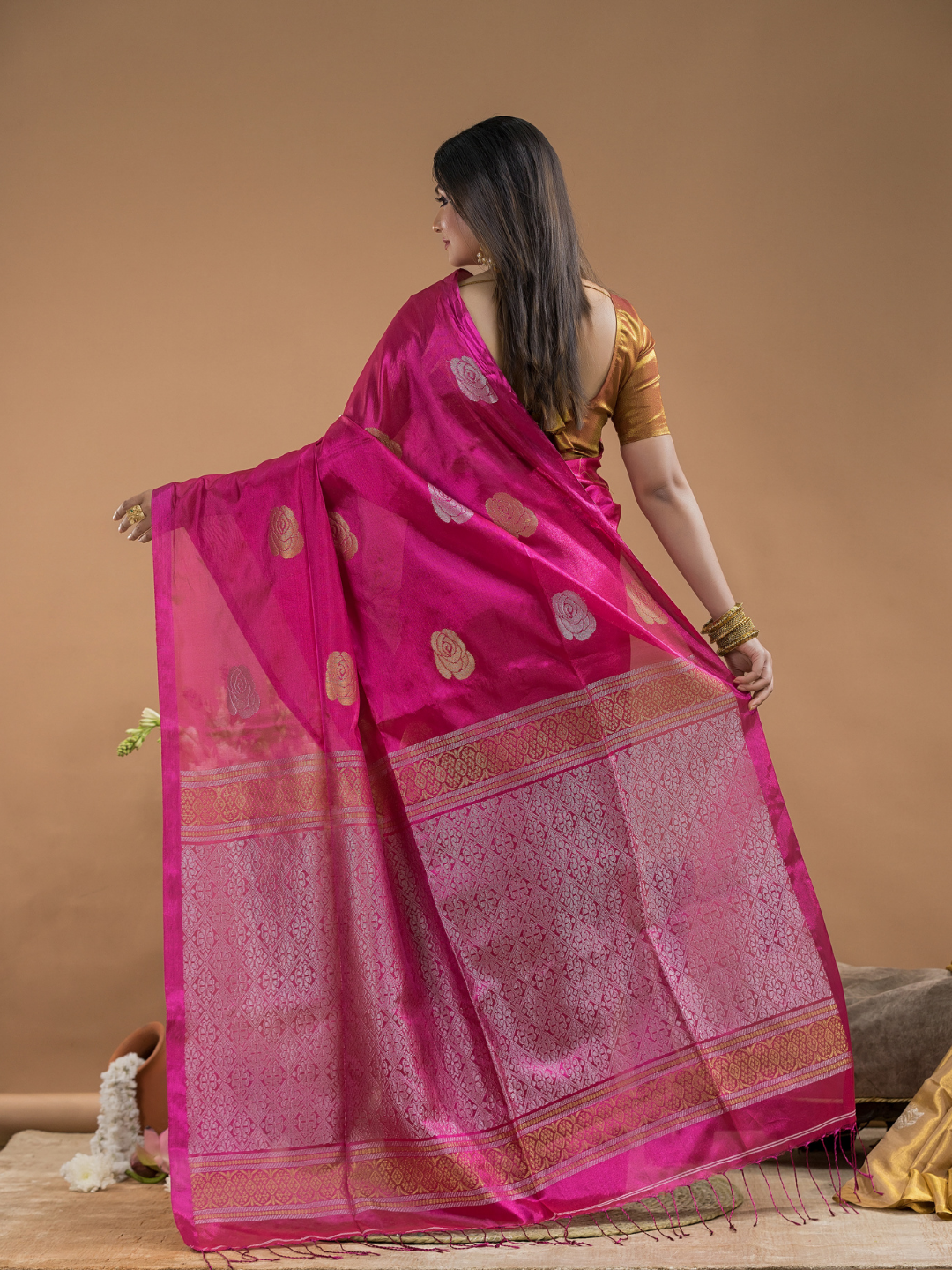 Hot Pink Tissue Silk Saree-028