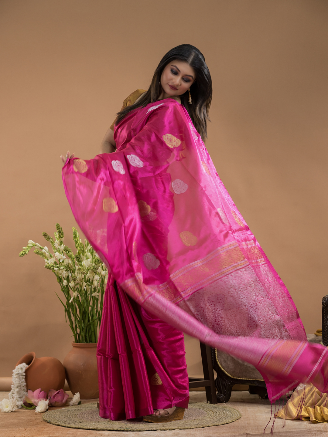 Hot Pink Tissue Silk Saree-028