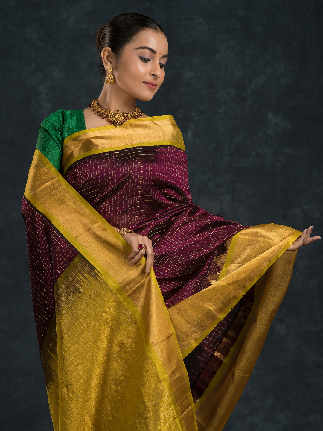 Korvai Saree Lakshadeepam with grand border - Wine Purple and Yellow Border - 152