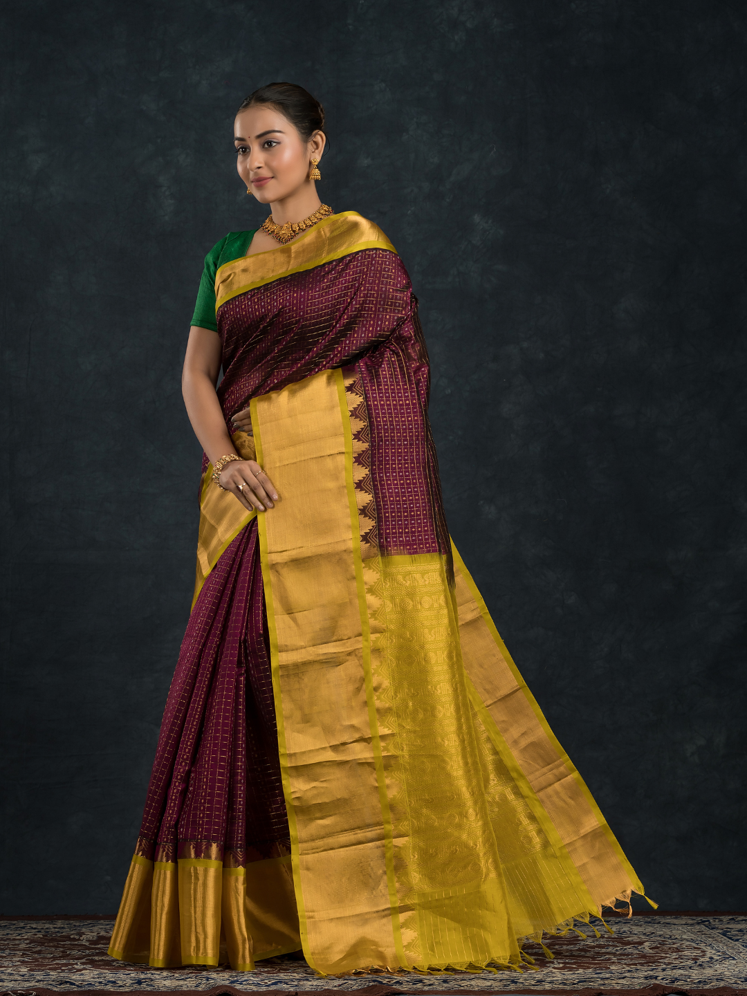 Korvai Saree Lakshadeepam with grand border - Wine Purple and Yellow Border - 152