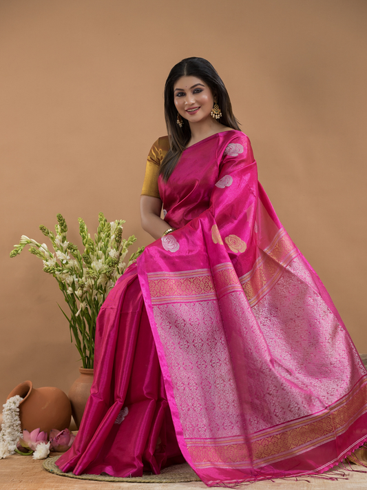 Hot Pink Tissue Silk Saree-028