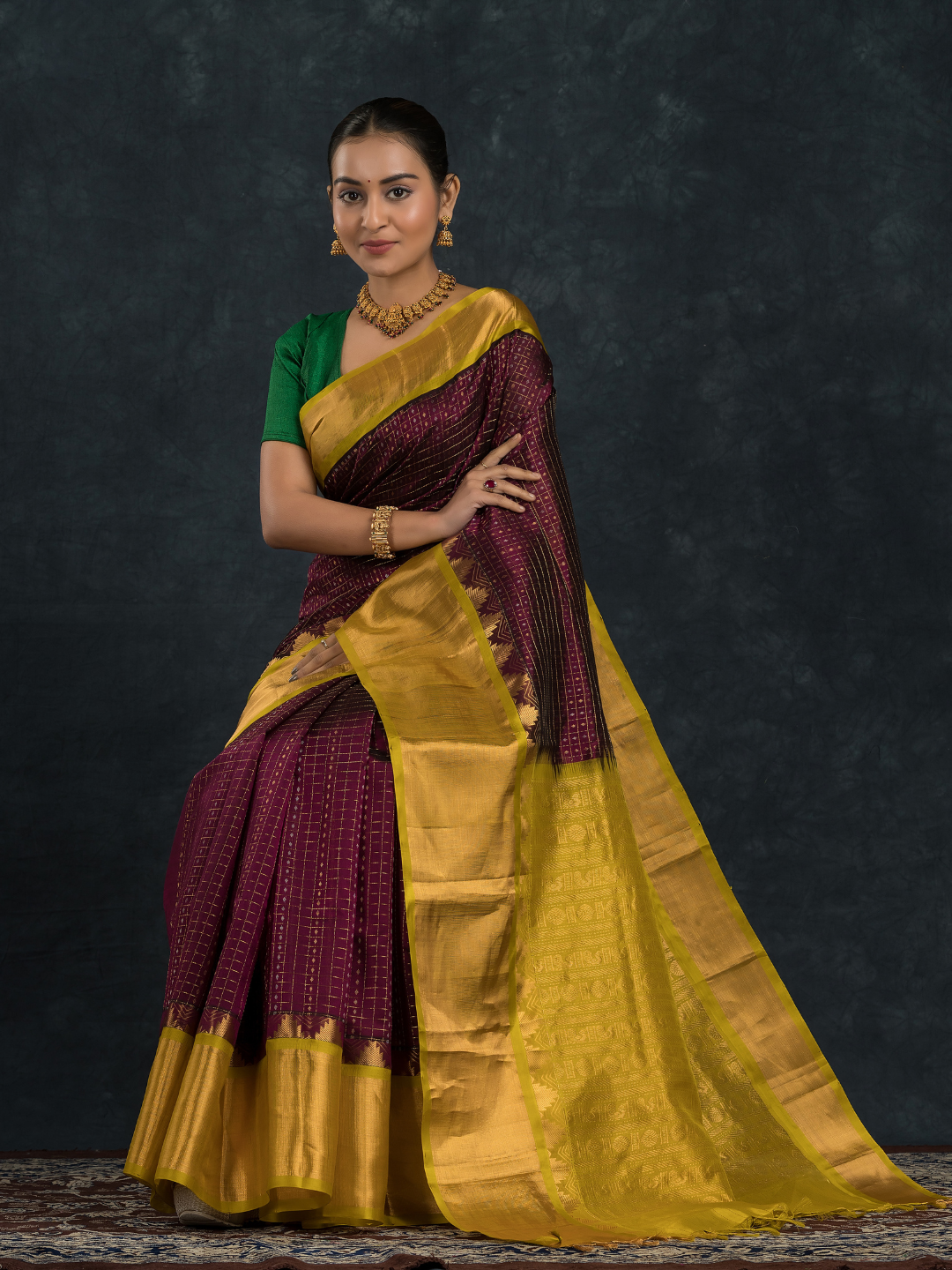 Korvai Saree Lakshadeepam with grand border - Wine Purple and Yellow Border - 152