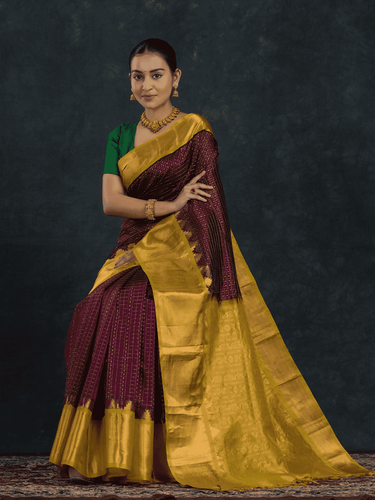 Pure Handloom Korvai Silk Cotton Lakshadeepam Saree in Wine Purple and Golden Yellow with grand Border - 152