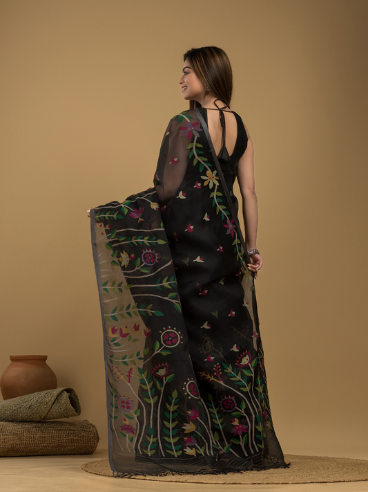 Muslin Jamdani Saree With True Black - 025