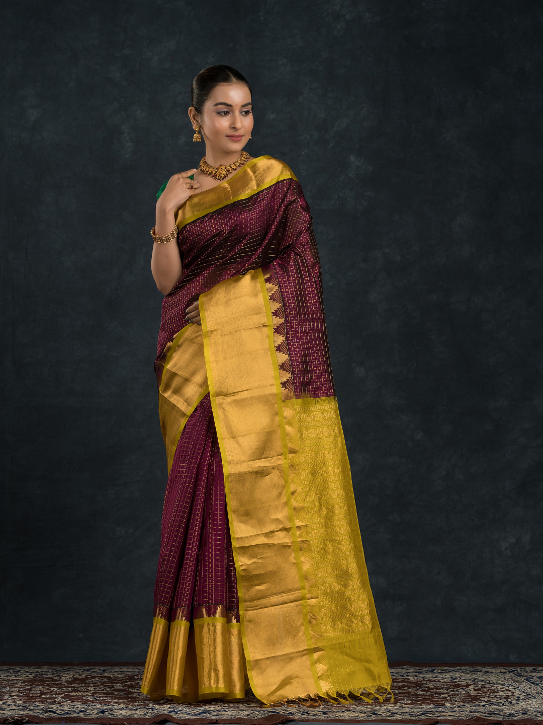 Korvai Saree Lakshadeepam with grand border - Wine Purple and Yellow Border - 152