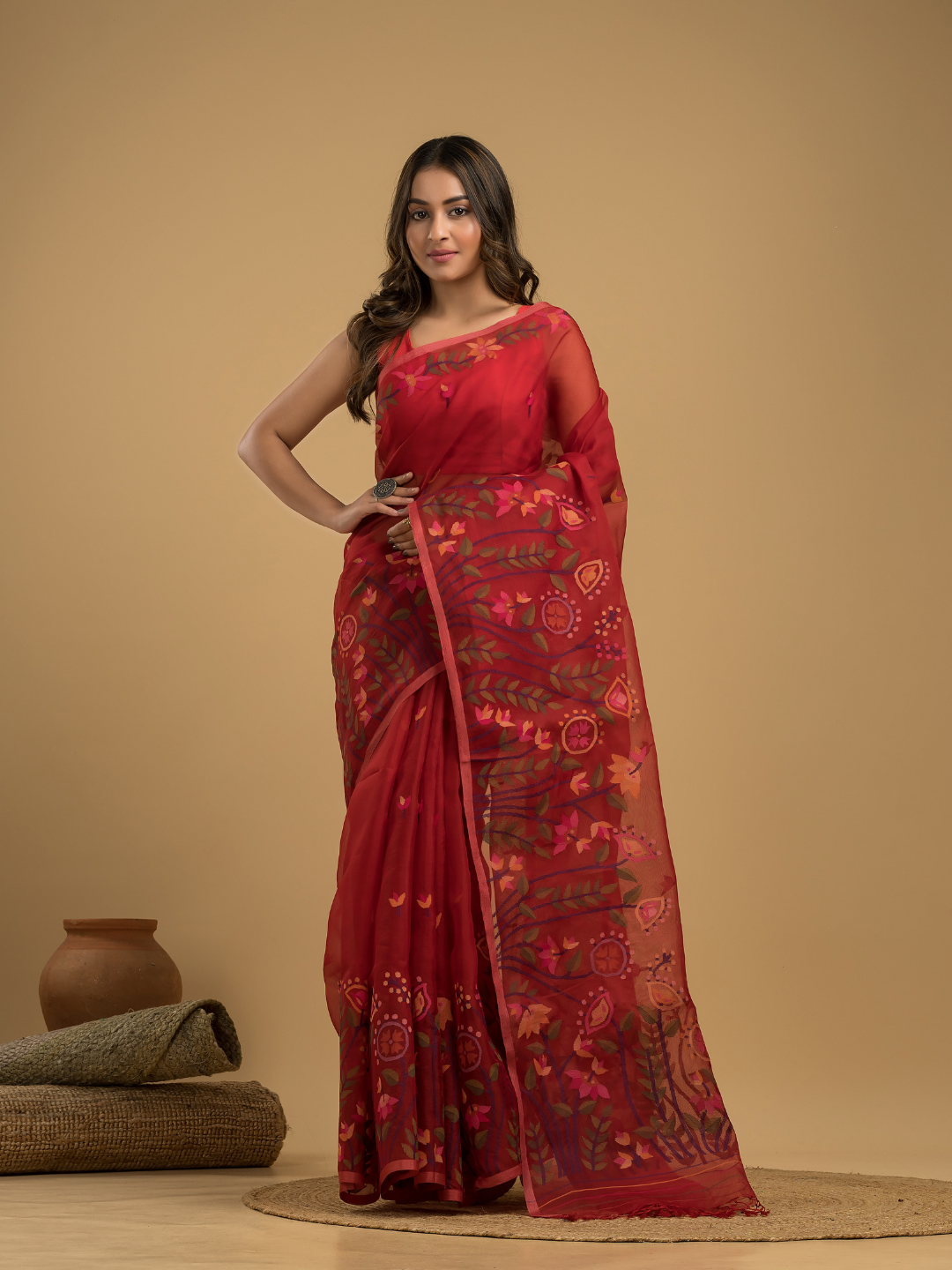 Muslin Jamdani Saree With Chilli Red - 026