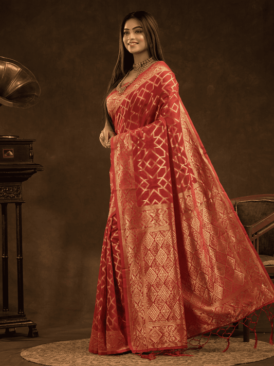 Chanderi Silk Woven Geometric Saree in Classic Red (Precision Looms) -012