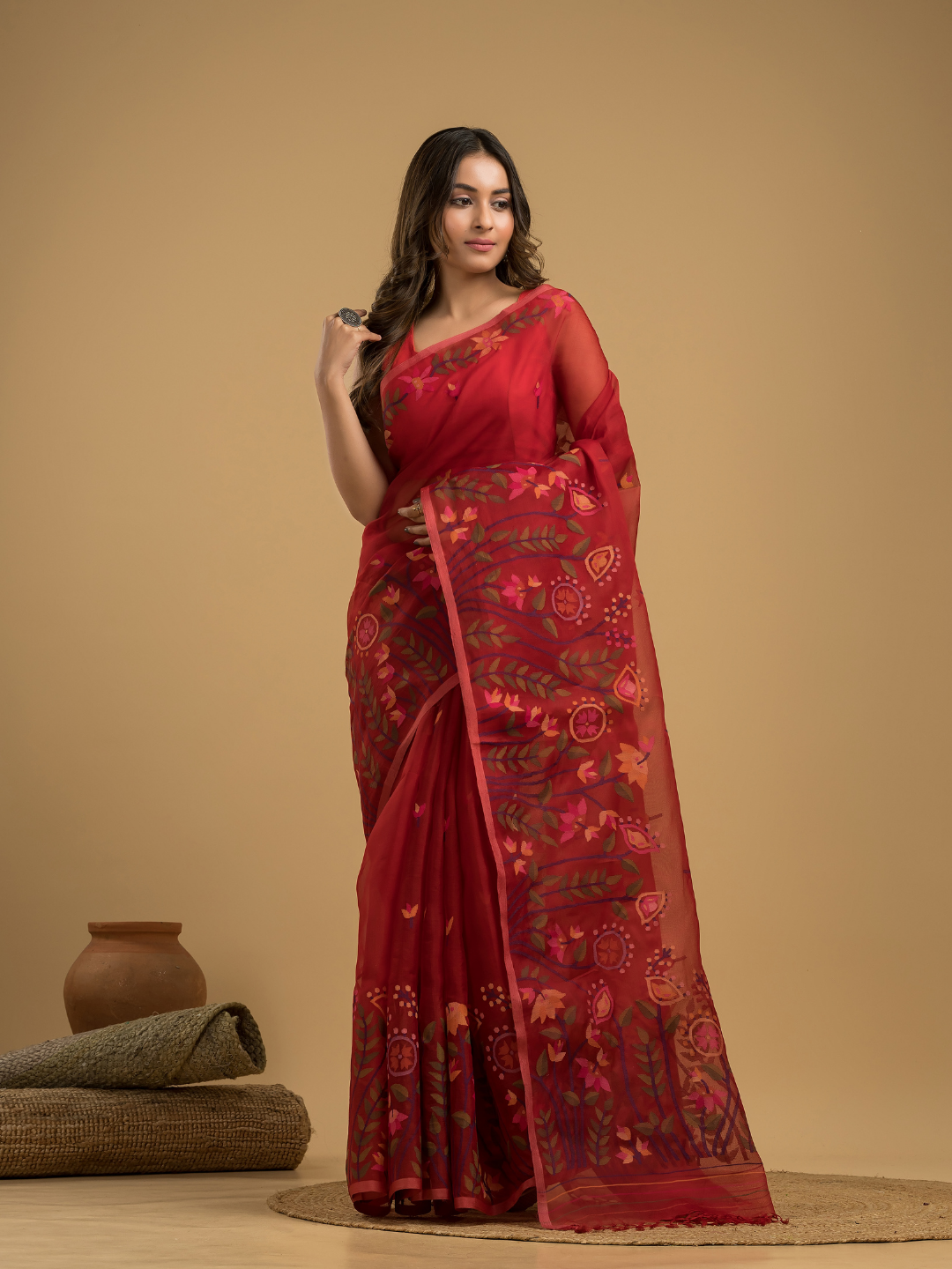 Muslin Jamdani Saree With Chilli Red - 026