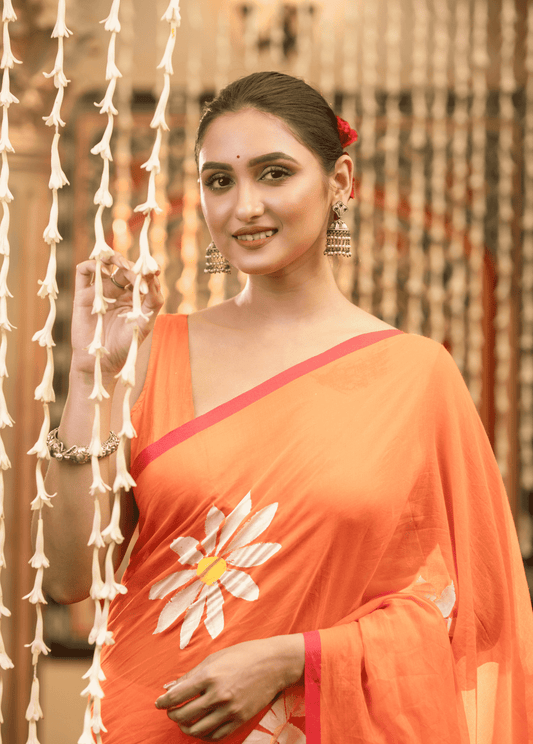 Fire Orange Mul Mul Cotton Saree - 039