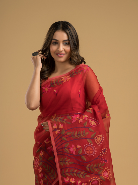 Muslin Jamdani Saree With Chilli Red - 026