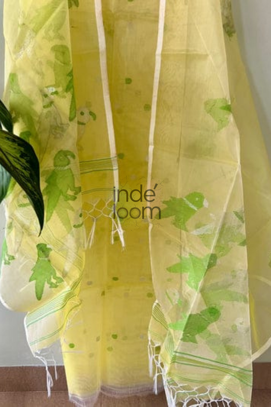 Muslin Jamdani 2 Piece Set Kurti & Dupatta with Lime Yellow-053